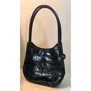 Monsac Embossed Crocodile Black Leather Shoulder Bag